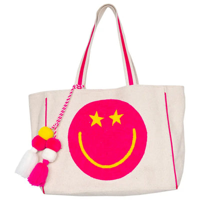 Hot Pink Star Eye Happy Face Tote Bag