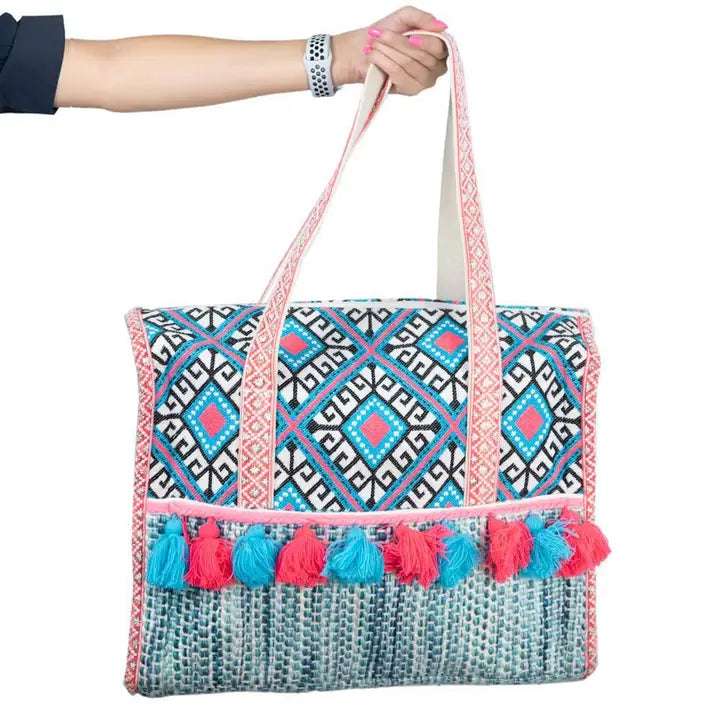 Turquoise and Pink Diamond Zipper Tote